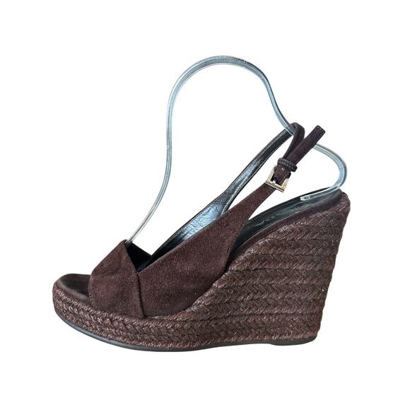 Prada Shoes - Prada Y2K Vintage Brown Suede Slingback Wedge Chunky Sandals 36.5